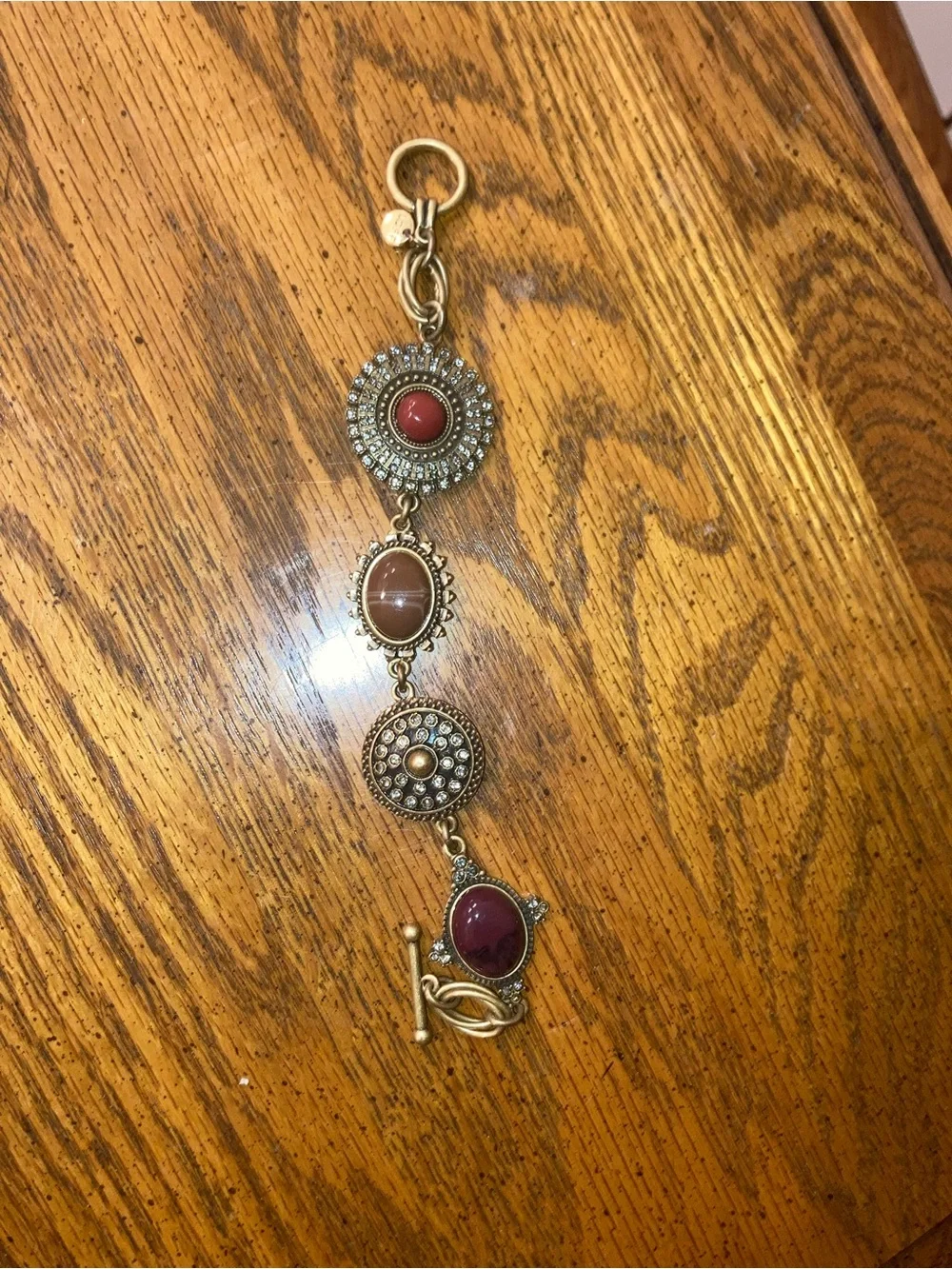 LOFT Gold-Tone Bracelet with Brown  & Red Cabochons and Crystal Discs & Toggle